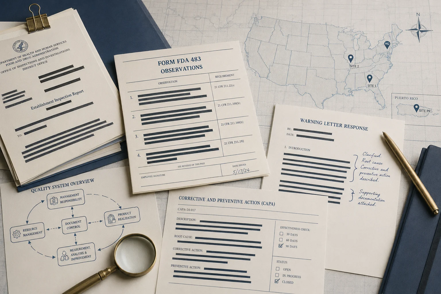 Redacted FDA enforcement documents, response annotations, and U.S. plus Puerto Rico site map